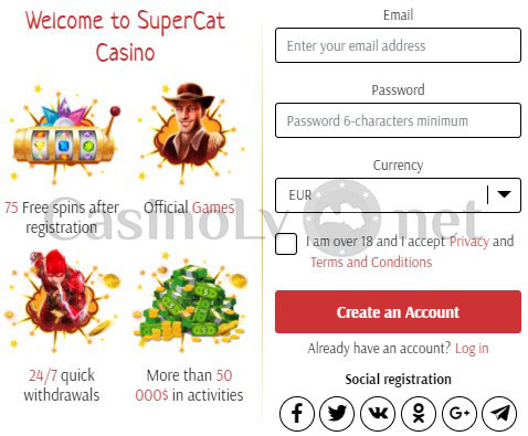 Reģistrācija Super Cat Casino