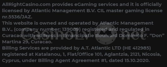 All Right Casino 2018. gadā dibināja uzņēmums Atlantic Management B.V.