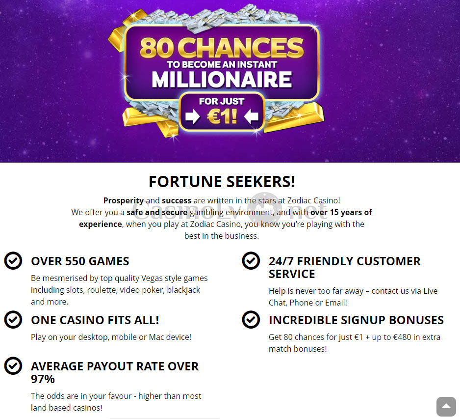 Zodiac Casino: Veicot pirmo iemaksu 1 € vai vairāk, Jums būs 80 iespējas laimēt vienu miljonu