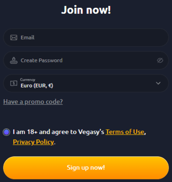 Reģistrācija Vegasy Casino